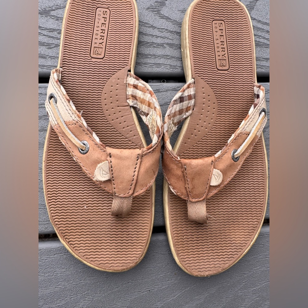 Sperry Brown Leather-Trim Flip Flop Sandals. 7 1/2 - Picture 3 of 7